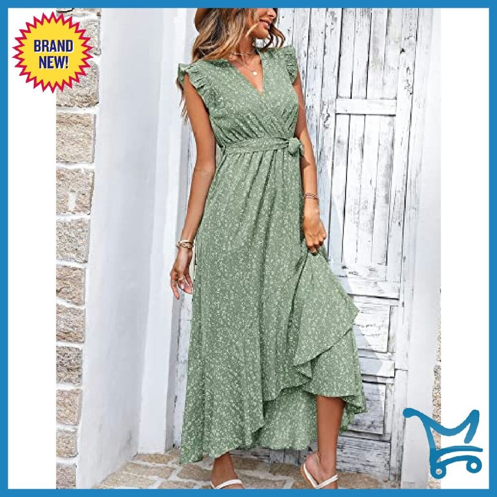 Floral Maxi Dress Wrap V-Neck Ruffle Sleeve Formal Wedding Guest - Picture 4 of 8